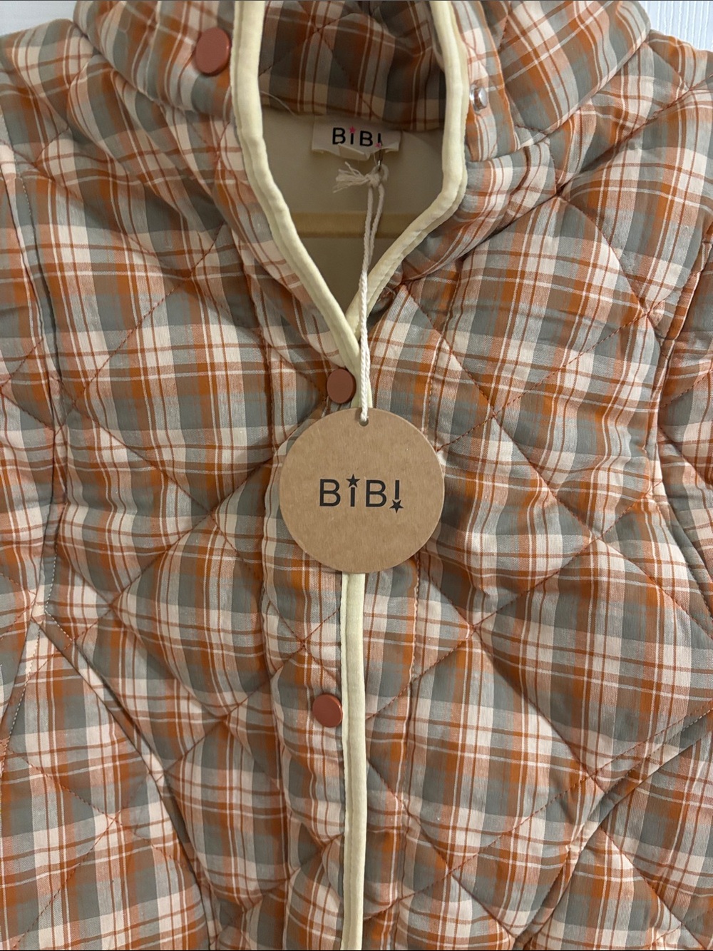 BiBi Plaid Quilted Vest in Yellow and Orange Trim - Picture 2 of 5